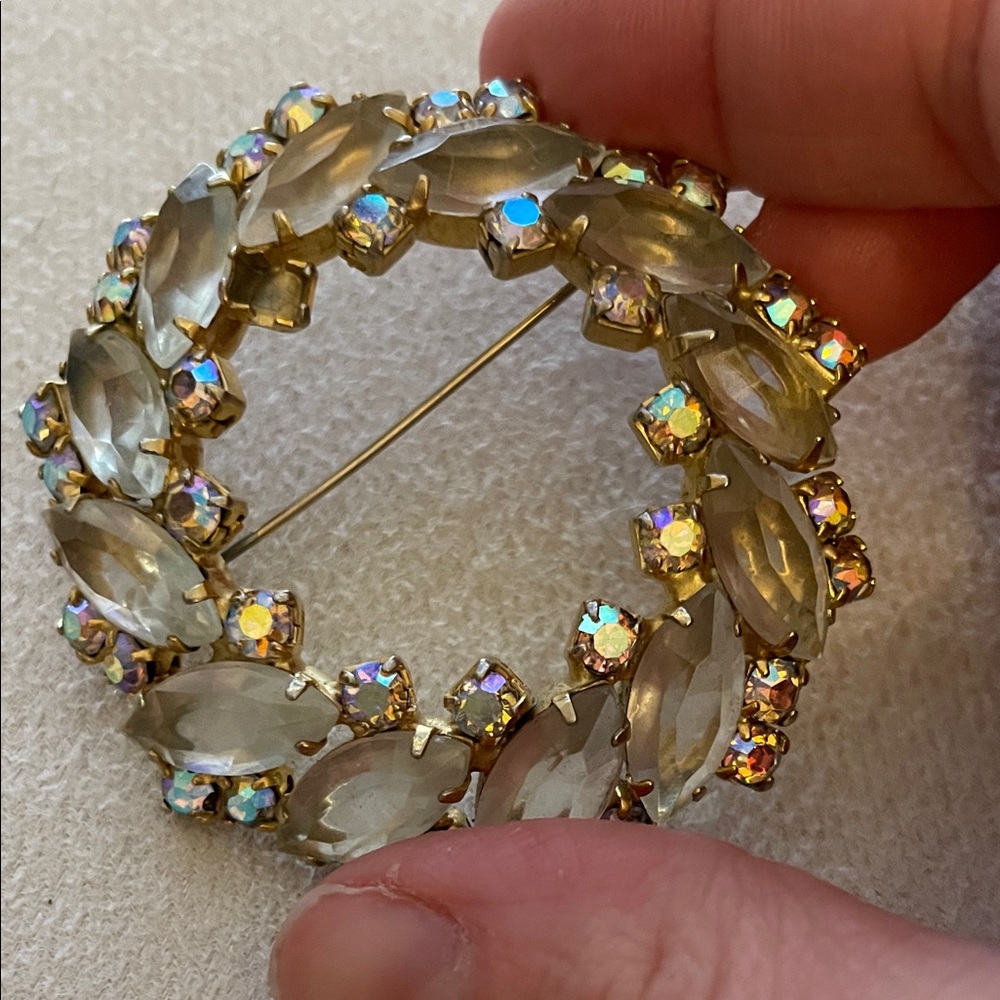 Gold round Aurora Borealis Crystal Brooch